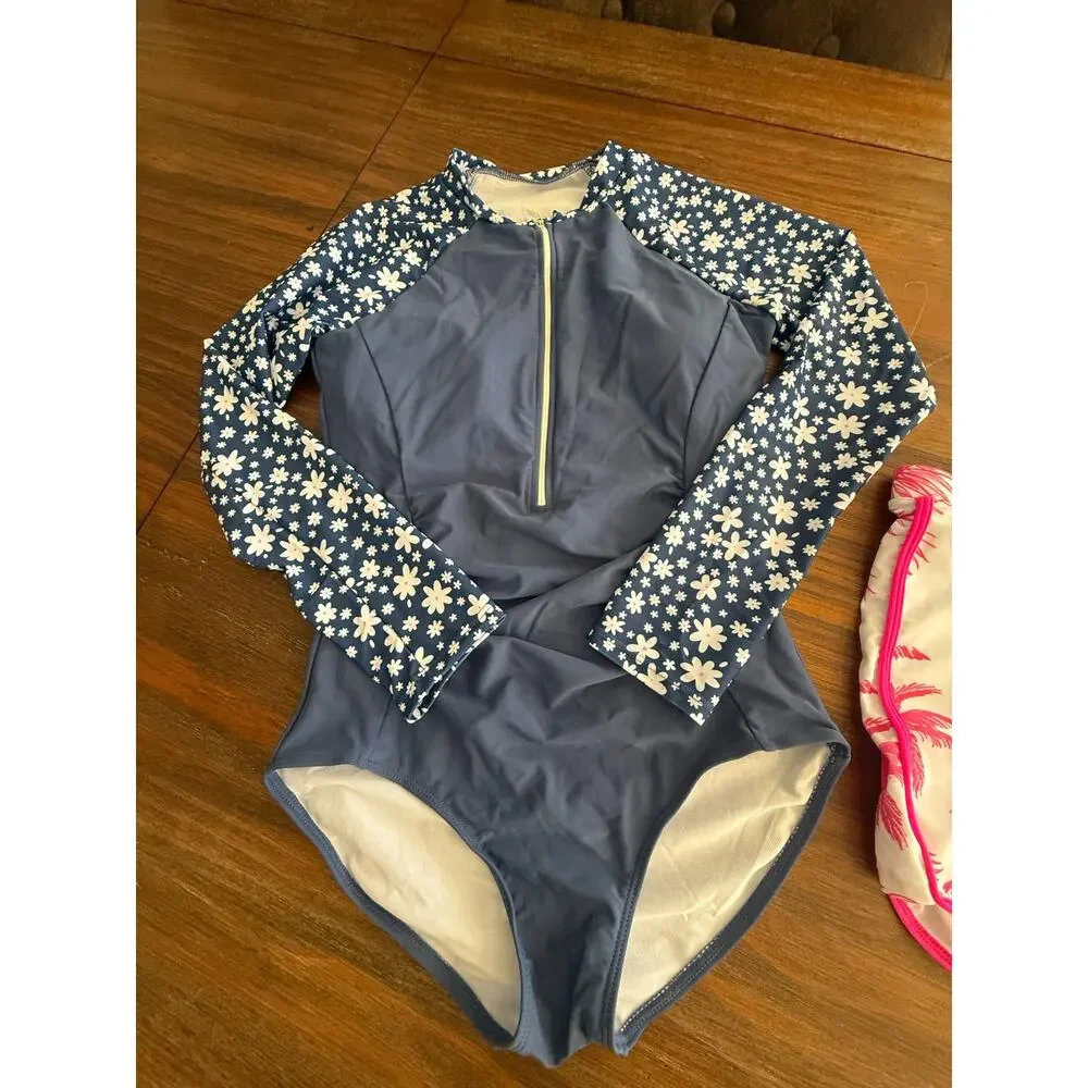 Girls Rash Guard Swimsuit Set 13-14Y Navy Floral Long Sleeve Pink Palm Shorts